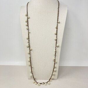 Leather & Faux Pearl‎ Chain Necklace Long Classic Old Money Posh Layers